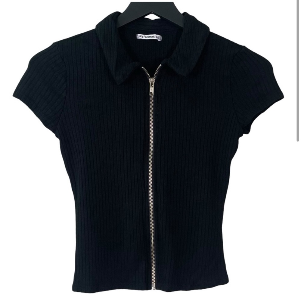 Reformation Zak Ribbed Polo Top in Black Size S